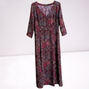 Eddie Bauer Vintage Dark Floral Dress Burgundy V-neck Rayon